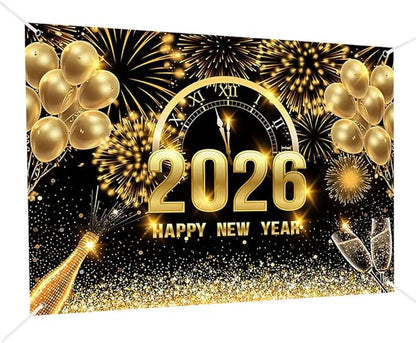 MEHOFOND 8x6ft Black and Gold 2026 Happy New Year Backdrop Cheers to 2026 New Year Eve Glitter Photography Background Hello 2026 Party Champagne Balloon Fireworks Decor Banner Cake Smash Photo Props