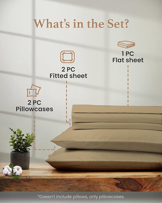 Good Sleep Bedding Split King Sheets Sets for Adjustable Bed Cotton, Luxury Sheets, 1000 TC Egyptian Cotton, 5 Piece 100% Cotton Split King Sheet Set, Sateen Weave, 2 Fitted - 16" Deep Pocket, Taupe