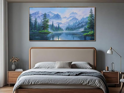 Ardemy Lake Canvas Wall Art for Living Room Large Framed Teal Landscape Pictures Bedroom Wall Decor Textured Misty Forest Scenery Paintings Artwork for Walls Home Office, 58"x29"