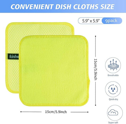 KinHwa Kitchen Washcloths for Dishes Absorbent Microfiber Dish Cloths Quick Dry Dish Rags with Poly Scour Scrub Side Ideal for Kitchen Cleaning (Mixing Colors #1, 6inchx6inch 9 Pack)