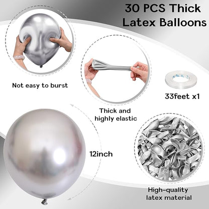 Metallic Silver Balloons, 12 Inch Silver Balloons 30Pcs Chrome Silver Metallic Balloon Silver Shiny Silver Latex Balloons for Birthday Graduation Anniversary New Year Wedding Party Decorations
