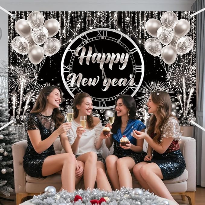 MEHOFOND Happy New Year Backdrop 2026 New Year Party Decorations Banner Black and Sliver Happy New Year's Eve Banner Sliver Balloons Glitter New Years Backdrop 6x3.6ft