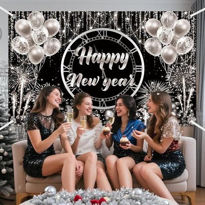 MEHOFOND Happy New Year Backdrop 2026 New Year Party Decorations Banner Black and Sliver Happy New Year's Eve Banner Sliver Balloons Glitter New Years Backdrop 6x3.6ft