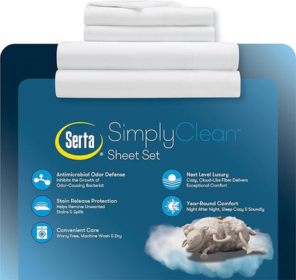 Serta Simply Clean Super Soft Hypoallergenic Stain Resistant Deep Pocket 3 Pieces Solid Bed Sheet Set, Twin XL, Burgundy