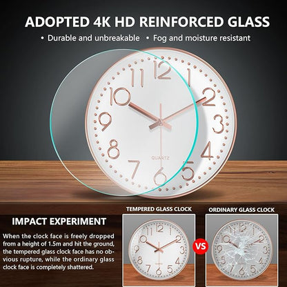 Wall Clock, Silent Wall Clocks Battery Operated 10 Inch- Modern Non Ticking Analog Clock with Large Numerals Tempered Glass Clocks for Bedroom, Living Room, Kitchen, Office Decor, Rose Gold