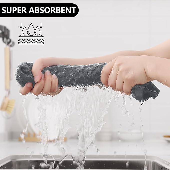 Fintale 100% Cotton Kitchen Towels and Dishcloths Set, 12 x 12 & 15 x 25 Inches, Set of 12 Bulk Super Soft and Absorbent Terry Cloth Dish Towels, Quick Drying Hand Towels with Hanging Loop, Dark Grey