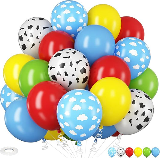 Toy Inspired Story Balloons, 12 Inch Cow Print Sky Blue Cloud Balloons Red Blue Yellow Green Balloons for Kids Boys Birthday Party Farm Themed Party Decorations