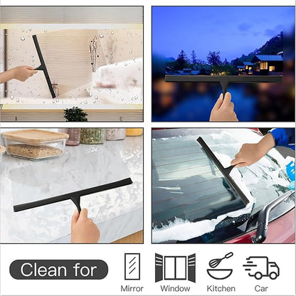 peafowl Shower Squeegee Stainless Steel Bath Squeegee for Shower Glass Doors Bathroom Windows Kitchen Mirror and Car Glass with Hooks Holder (12 inch, Black)