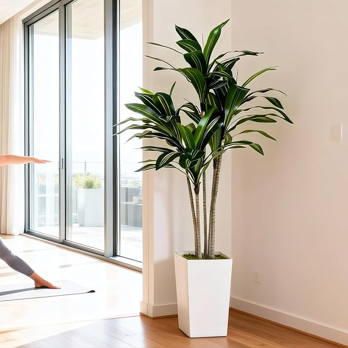 Artificial Dracaena Tree 5FT with White Tall Planter - Artificial Plants Indoor,Faux Yucca Tall Fake Floor Plant in Pot for Home Office Living Room Decor Indoor