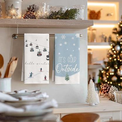 Artoid Mode Xmas Tree Snowflakes Cable Car Ski Winter Kitchen Towels, 18x26 Inch Quick Dry Microfiber Cloth Dish Towels for Kitchen Drying Set of 4