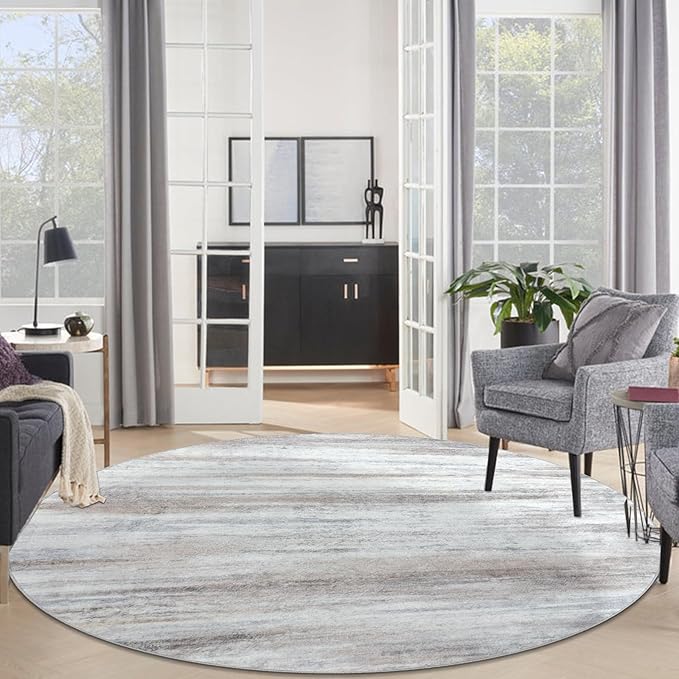 KOZYFLY Round Area Rug 6Ft Modern Abstract Ombre Living Room Circle Rug, Washable Rugs for Bedroom Non-Slip Soft Stain Resistant Striped, Print Distressed Beige Carpet for Living/Laundry/Kid Room