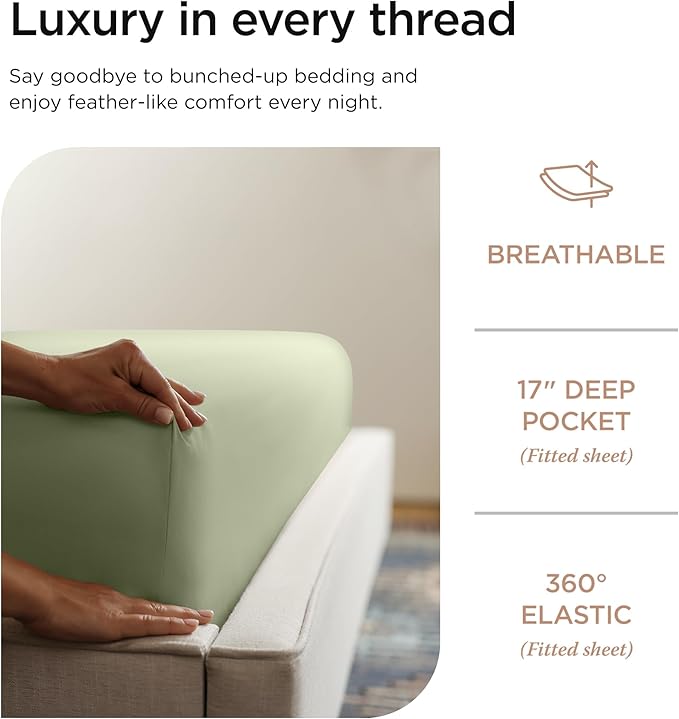 Threadmill Supima Cotton Sheets - 1000 Thread Count Cal King Bed Sheets Set, 4 Pc Sage Green, 5-Star Hotel Quality, Elasticized Deep Pocket