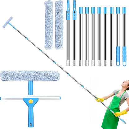 10Ft Window Washing Kit with Extension Pole(Thickened), Window Cleaning Kit with 14" Squeegee & 15" Scrubber (2 Brush Covers), Window Cleaner Tool Washing Equipment for Outdoor High Windows Glass