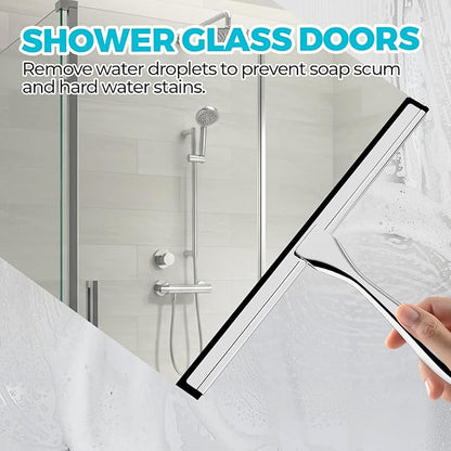 10-Inch All-Purpose Shower Squeegee for Shower Doors, Tile Shower Walls, Bathroom, Window, Glass and Car Windshield, Mirrors and Kitchen-Stainless Steel, Silver