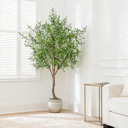 Fake Tree Faux Olive Tree Artificial Olive Trees Artificial Indoor Realistic Potted Silk Indoor Large Fruit for Home Offices, Living Rooms, Bedrooms, Stairs and Foyer Decor (8 Ft Leaf Type)