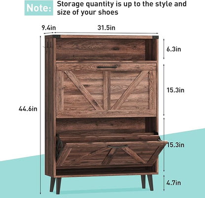 Vabches Shoe Storage Cabinet with 2 Flip Drawers,Freestanding Narrow Shoe Organizer with Open Storage,Hidden Slim Shoe Rack Cabinet for Entryway,Hallway,Dark Walnut
