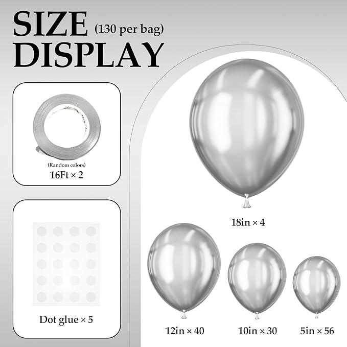 130PCS Metallic Silver Balloons, Latex Balloon Different Sizes 18/12/10/5 In, Helium Balloon with Ribbon, Party Balloon for Birthday Wedding Graduation Anniversary Baby Shower Decoration
