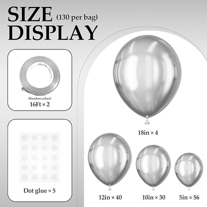 130PCS Metallic Silver Balloons, Latex Balloon Different Sizes 18/12/10/5 In, Helium Balloon with Ribbon, Party Balloon for Birthday Wedding Graduation Anniversary Baby Shower Decoration