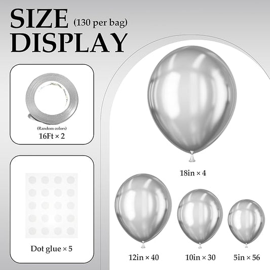 130PCS Metallic Silver Balloons, Latex Balloon Different Sizes 18/12/10/5 In, Helium Balloon with Ribbon, Party Balloon for Birthday Wedding Graduation Anniversary Baby Shower Decoration