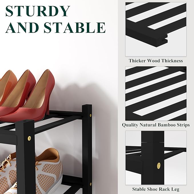Smiry Bamboo Shoe Rack for Closet, 3 Tier Small Wooden Stackable Shoe Organizer, Free Standing Shoes Storage Shelf for Entryway, Front Door Entrance, Black