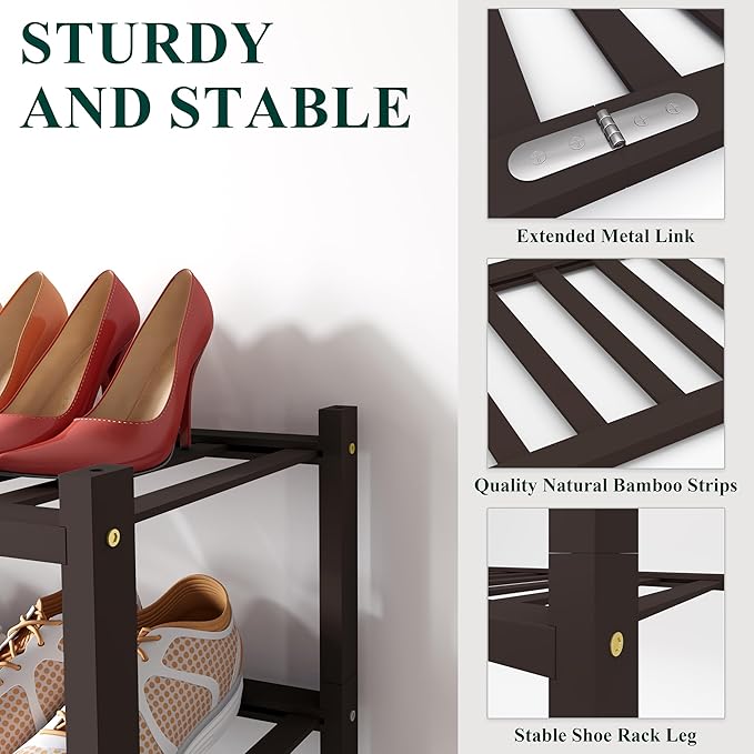 Smiry Shoe Rack, 4 Tier Bamboo Shoe Organizer, Stackable Free Standing Wooden Shoe Storage Shelf for Closet, Entryway, Front Door Entrance, Brown