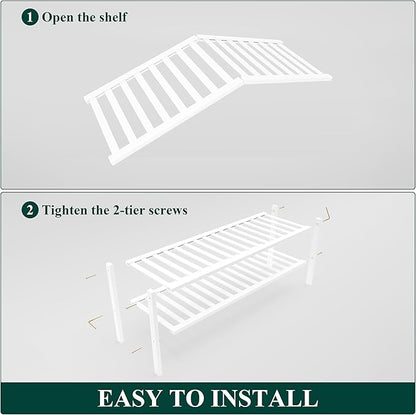 Smiry Bamboo Shoe Rack for Closet, 2 Tier Long Wooden Stackable Shoe Organizer, Free Standing Shoes Storage Shelf for Entryway, Front Door Entrance, White