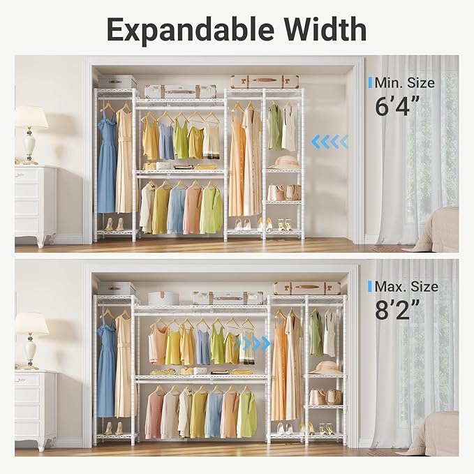 VIPEK X40 Expandable Large Reach-in Closet Rack Adjustable from 6'4" to 8'2'' with Extendable Shelves and Hanger Rods, Walk-in Clothes Rack Mental Freestanding Clothing Racks, Max Load 1240LBS, White