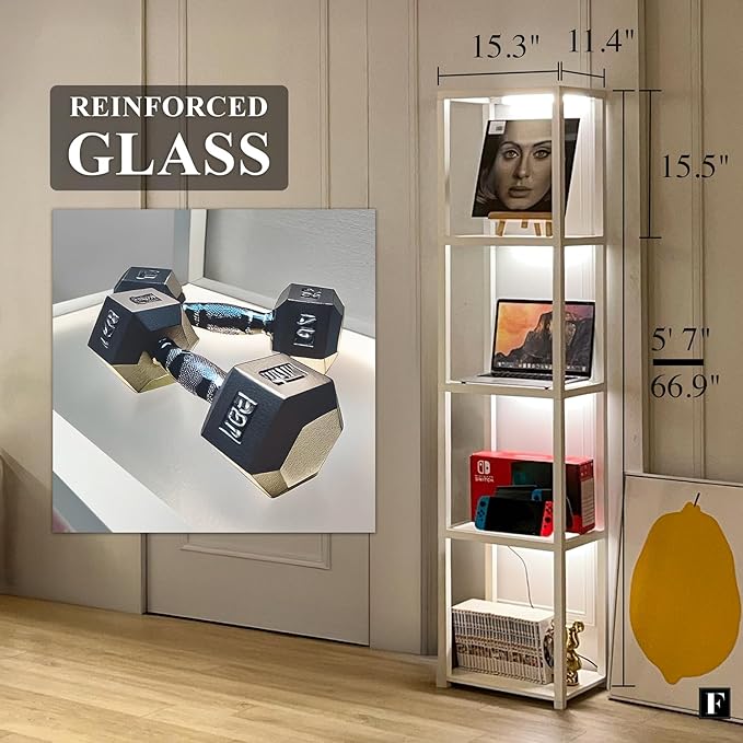 FENLO LED Display Shelf Unit – Dimmable Lighted Furniture for Bedroom, Living Room, or Office – Glass Curio Cabinet Shelf Lamp with App + Remote Control + Adjustable Lighting