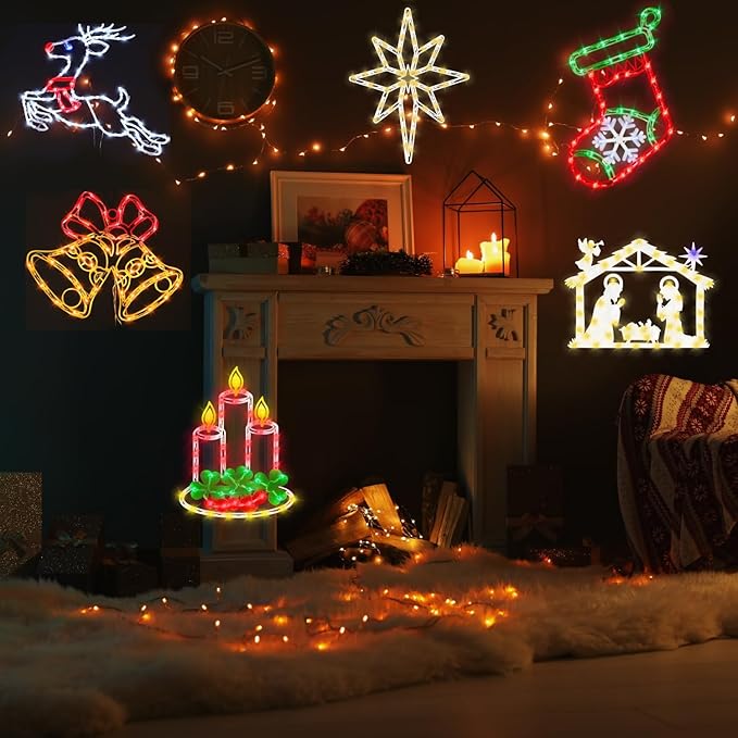 16" Christmas Window Silhouette Lights Decorations - 6 Pack Colour Lighted Reindeer ＆ Bell ＆ Nativity ＆ Candle ＆ Christmas Stocking ＆ Bethlehem Star for Holiday Wall Door Window Decorate
