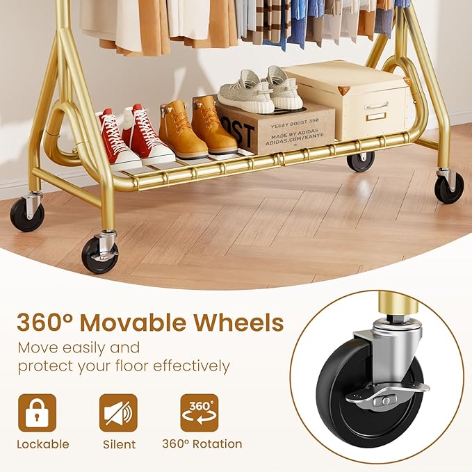 Heavy Duty Clothes Rack for Hanging Clothes, Double Rods Clothing Rack with Lockable Wheels, Rolling Metal Garment Racks Heavy Duty, Portable Wardrobe Closet Racks, Gold