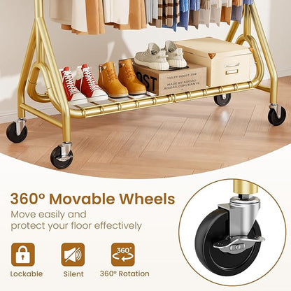 Heavy Duty Clothes Rack for Hanging Clothes, Double Rods Clothing Rack with Lockable Wheels, Rolling Metal Garment Racks Heavy Duty, Portable Wardrobe Closet Racks, Gold