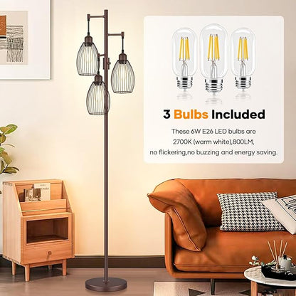 Nintiue Dimmable Floor Lamp,3x800LM LED Bulbs Included, Farmhouse Industrial Floor Lamp Standing Tree Lamp with Teardrop Cage Head Tall Lamp for Living Room Bedroom Office Dining Room - Matte Brown