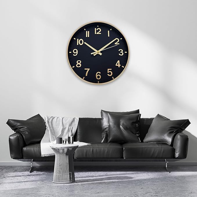 HZDHCLH Wall Clocks Battery Operated,Wall Clock Black Gold,12 inch Wall Clock Silent Non Ticking Modern 3D Numbers for Kitchen Bedroom Living Room Office Classroom Decor