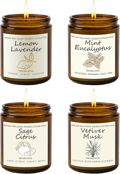 Scented Candle Gift Set, 4 Pack 25oz Soy Wax Candles, Long Lasting Aromatherapy Candles for Home Fragrance, Ideal Gift for Women and Men – Eucalyptus Mint, Lemon Lavender, Musk Vetiver, Sage Citrus