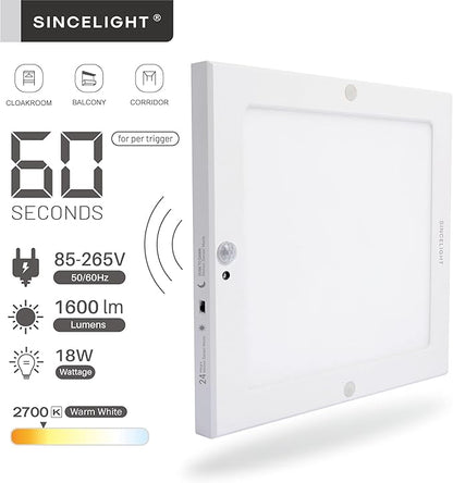 SINCELIGHT PIR LED Motion Sensor Ceiling Mounted Light Fixture, 18W Ultrathin Panel Shape, ON/Off Automatic from Dusk to Dawn (or Day&Night), Dual Sensor Mode Switchable