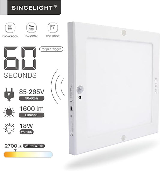 SINCELIGHT PIR LED Motion Sensor Ceiling Mounted Light Fixture, 18W Ultrathin Panel Shape, ON/Off Automatic from Dusk to Dawn (or Day&Night), Dual Sensor Mode Switchable