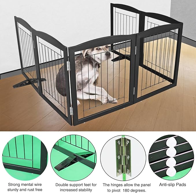 ZJSF Freestanding Dog Fence Indoor, Foldable Dog Gate for Doorways, Stairs or Hallways, Sturdy Wood Extra Wide Pet Gate with Support Feet for The House, Black, 32 "Height-6 Panels