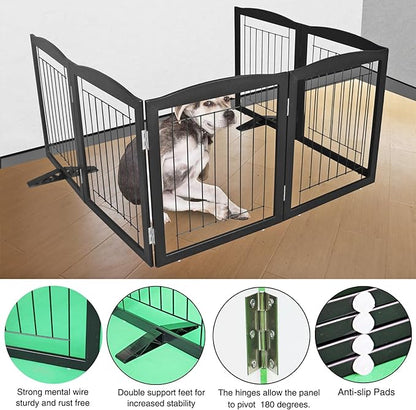 ZJSF Freestanding Dog Fence Indoor, Foldable Dog Gate for Doorways, Stairs or Hallways, Sturdy Wood Extra Wide Pet Gate with Support Feet for The House, Black, 32 "Height-6 Panels