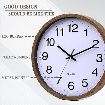 Wall Clock 12 Inch Wooden Frame Glass Cover Non-Ticking Number Quartz Modern Quartz Design Decorative Bedroom Kitchen Office Classroom Dark Brown