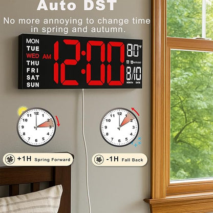 TrophyRak 16" Large Digital Wall Mount Clock, Count Down Timer, Alarm, Big LED, RGB Color, DST, Temperature for Living Room Classroom Desk, Wall, Xmas, Birthday Gift for Senior Mom Dad, Red White