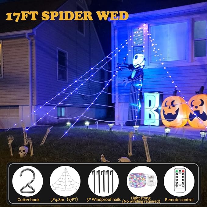 390 LED Halloween Spider Web Lights Decor, 5m Giant Net Lights with 26m Light Chain & Remote Control (8 Light Modes & Timer), Decoration for Garden Indoor Outdoor, Red