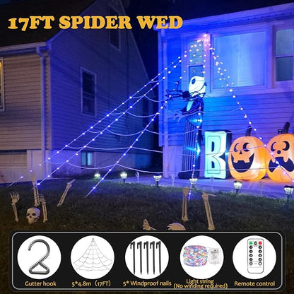 390 LED Halloween Spider Web Lights Decor, 5m Giant Net Lights with 26m Light Chain & Remote Control (8 Light Modes & Timer), Decoration for Garden Indoor Outdoor - Blue