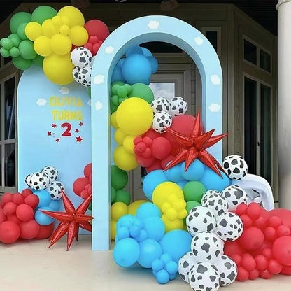 Toy Inspired Story Balloons, 12 Inch Cow Print Sky Blue Cloud Balloons Red Blue Yellow Green Balloons for Kids Boys Birthday Party Farm Themed Party Decorations