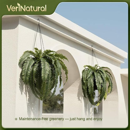 48" Artificial Boston Fern Hanging Plants with Basket - UV Resistant Fake Plant for Outdoor Indoor - Large Realistic Faux Greenery for Front Porch, Front Door, Patio Decor, Set of 1, VN142