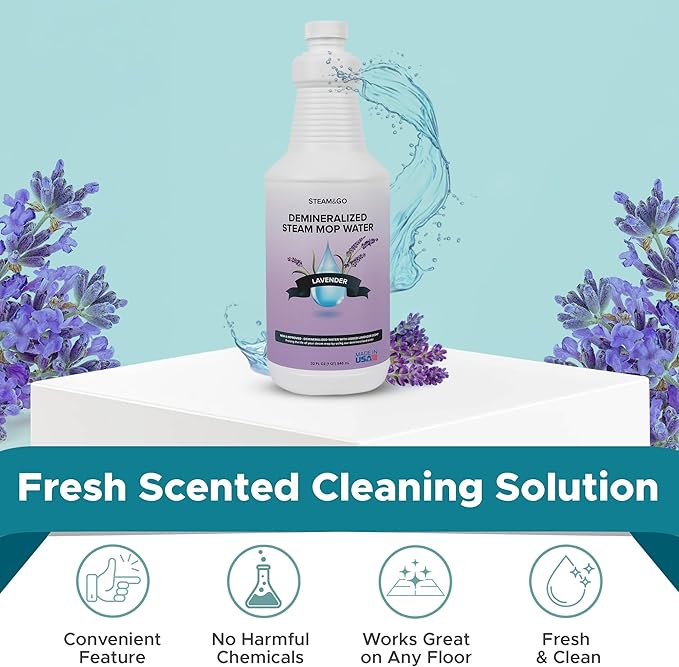 Steam & Go Demineralized Water for Steam Cleaner - PVC-Free Floor Cleaning Solution Compatible for All Steam Mops - Multi-Surface Cleaner for Home Surfaces - Lavender Scent, 32 oz (Pack of 6)