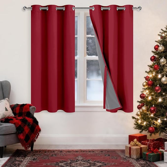 XWZO 100% Blackout Curtains 54 Inches Long with Tiebacks- Soundproof & Energy Efficiency Window Draperies Grommet Top with Black Liner for Bedroom/Living Room, Christmas Red, W42 x L54, Set of 2