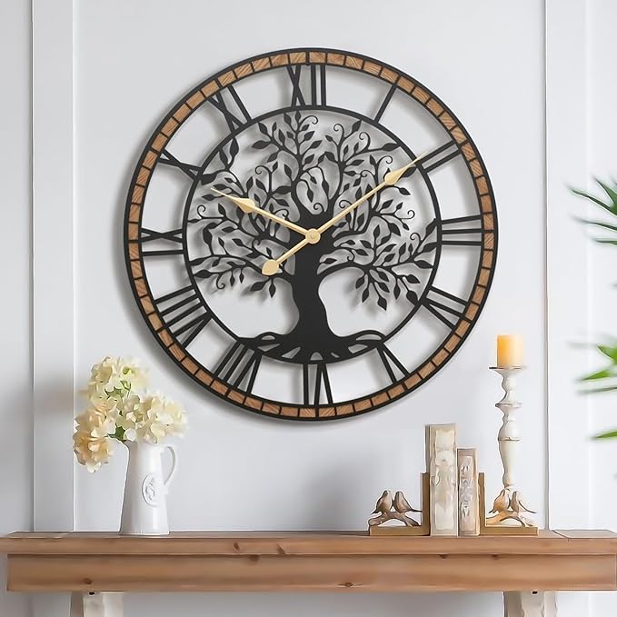 Micasso Non-Ticking Large Wall Clock: 27Inch Tree of Life Metal Black with Solid Wood Frame - Battery Operated Silent Clock for Living Room/Office/Bedroom/Kitchen - Home Decor for Porfessional