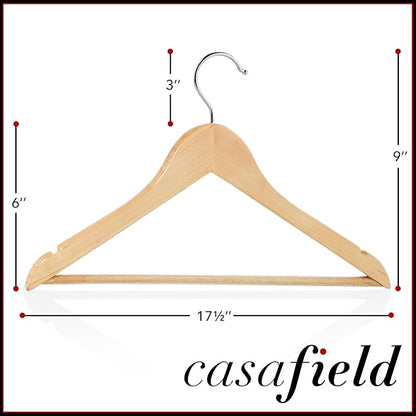 Casafield - 10 Natural Wooden Suit Hangers - Premium Lotus Wood with Notches & Chrome Swivel Hook for Dress Clothes, Coats, Jackets, Pants, Shirts, Skirts