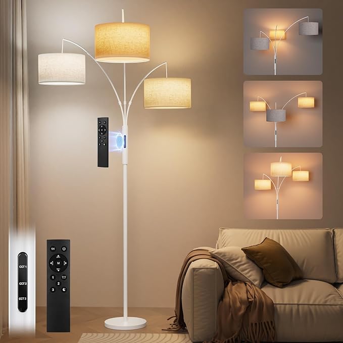 36W LED Arc Floor Lamp with 3 White Fabric Shades, 3000LM Super Bright Standing Lamp with Remote Control & Touch, Stepless Dimming, Individual Light Control for Living Room, Bedroom