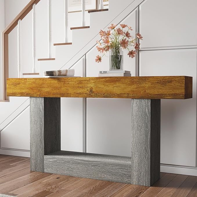 Vibe & Dine 63" Entryway Table, Farmhouse 2-Tier Console Table with U-Shaped Base, Narrow Long Wood Couch Table Behind Sofa for Living Room, Hallway, Foyer, Dark Gray